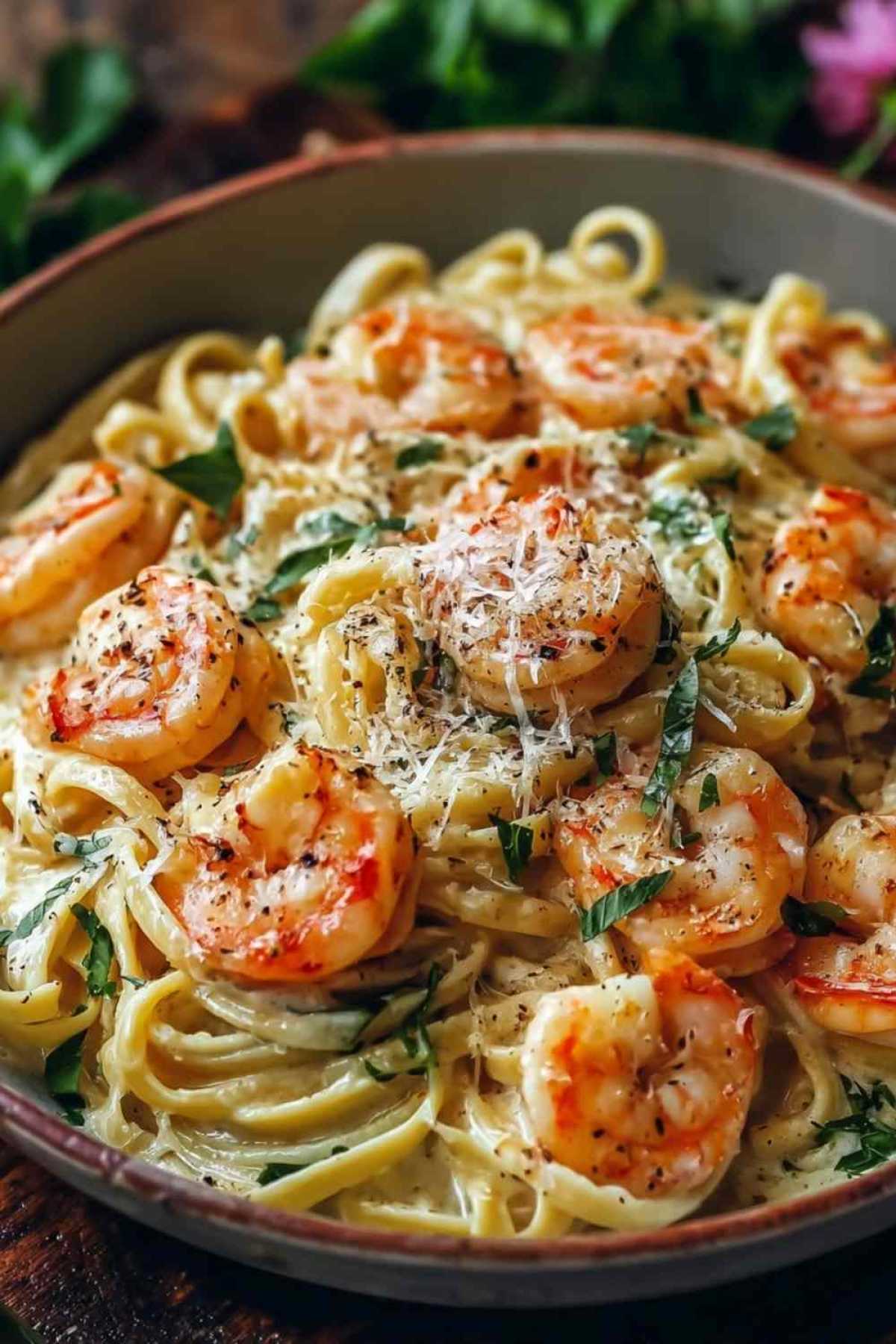 Cremige Garnelen Pasta mit Linguine auf weißem Teller mit frischer Petersilie garniert