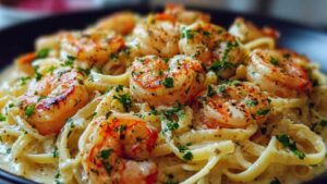 Cremige Garnelen Pasta mit Linguine auf weißem Teller mit frischer Petersilie garniert