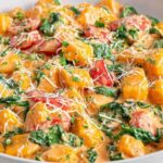 Gnocchi-Pfanne mit Spinat und Tomaten in cremiger Sahnesauce in schwarzer Pfanne