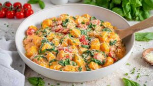 Gnocchi-Pfanne mit Spinat und Tomaten in cremiger Sahnesauce in schwarzer Pfanne