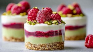 Himbeer-Pistazien-Mousse-Törtchen elegant angerichtet auf weißer Servierplatte mit frischen Himbeeren garniert