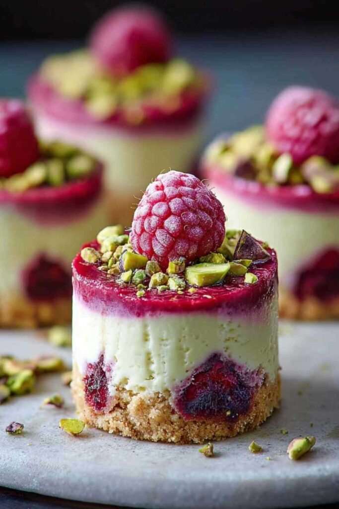 Himbeer-Pistazien-Mousse-Törtchen elegant angerichtet auf weißer Servierplatte mit frischen Himbeeren garniert