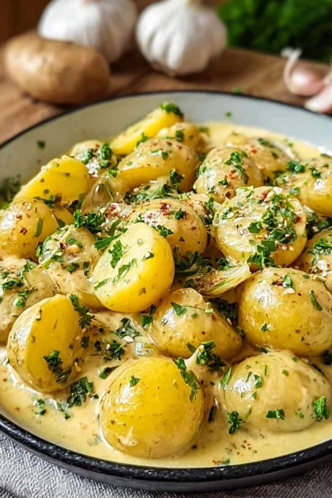 Kartoffeln mit Knoblauch-Sahnesauce