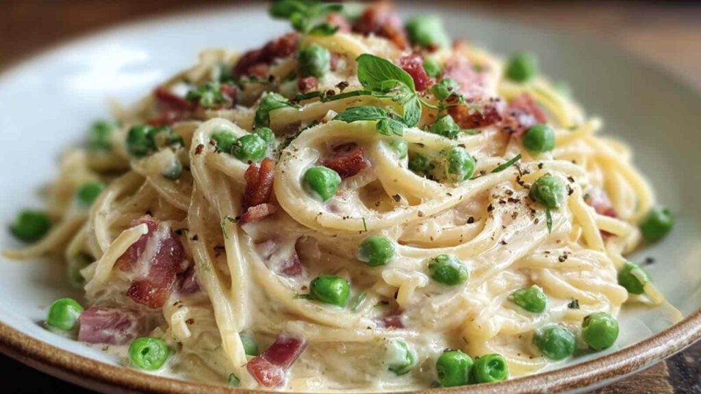 Cremige Speck-Erbsen-Carbonara in schwarzer Pfanne mit knusprigem Speck und grünen Erbsen