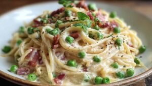 Cremige Speck-Erbsen-Carbonara in schwarzer Pfanne mit knusprigem Speck und grünen Erbsen