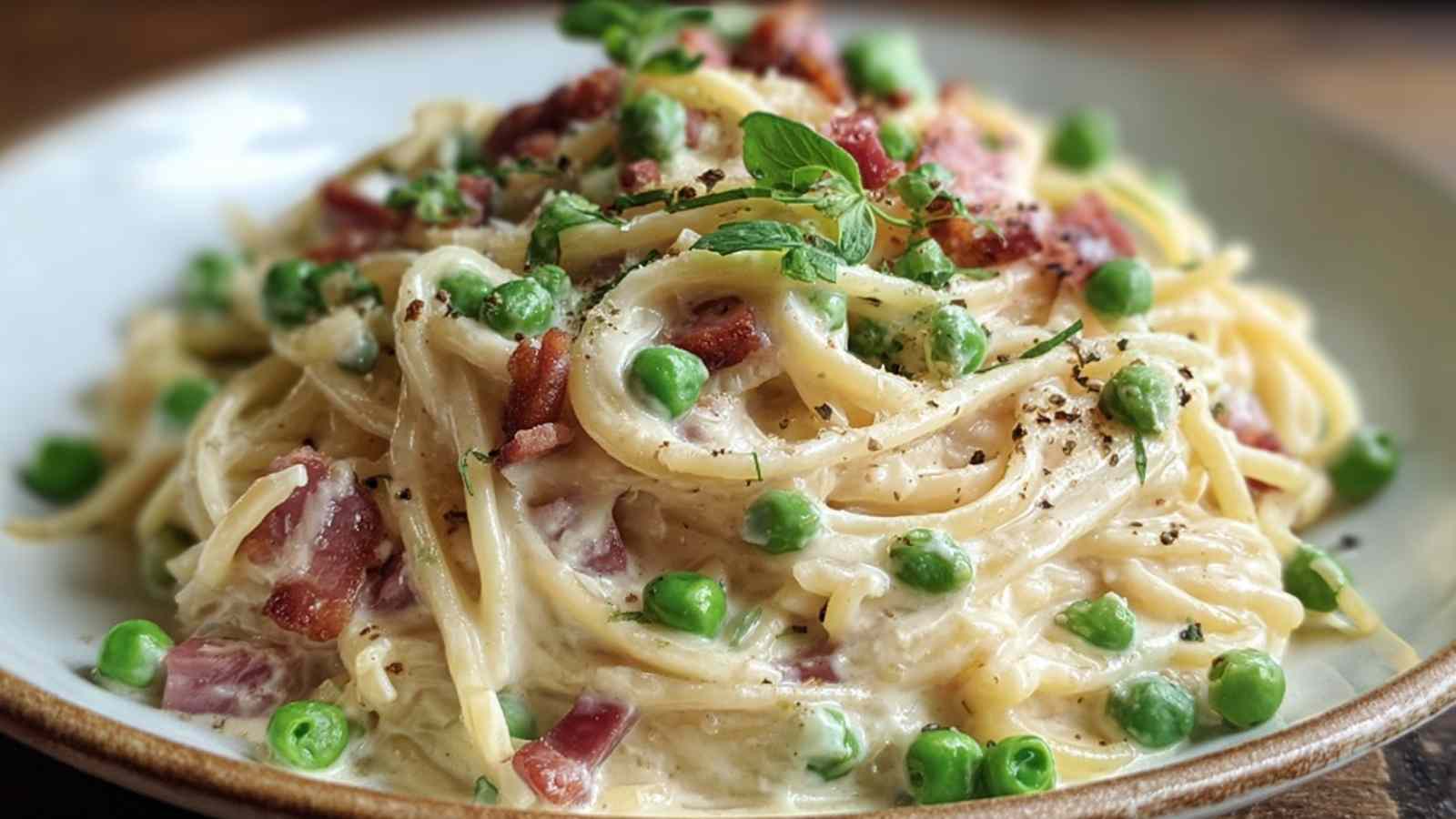 Cremige Speck-Erbsen-Carbonara in schwarzer Pfanne mit knusprigem Speck und grünen Erbsen