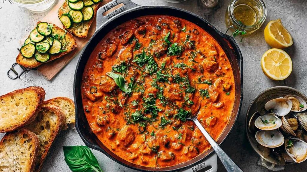 Cremige Zucchini-Bohnenpfanne mit Erdnussbutter in schwarzer Pfanne mit frischer Petersilie garniert
