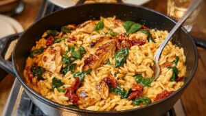 Cremiges Hähnchen Orzo mit getrockneten Tomaten in schwarzer Pfanne servierfertig