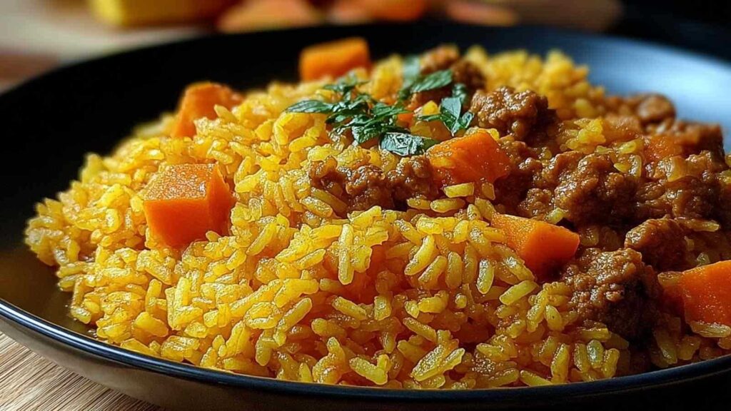 Curryreis mit Hackfleisch serviert auf weißem Teller mit Petersilie garniert