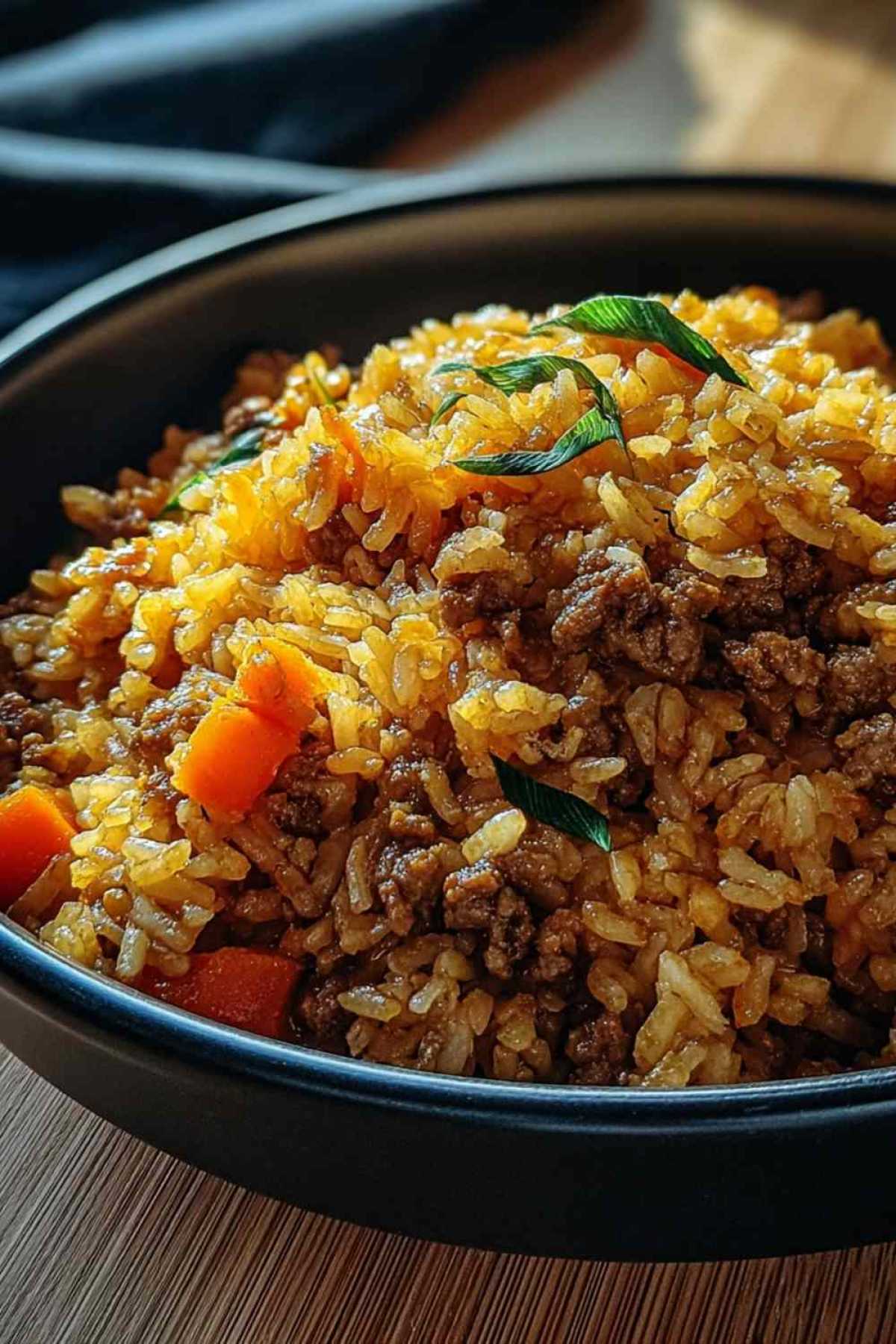 Curryreis mit Hackfleisch serviert auf weißem Teller mit Petersilie garniert