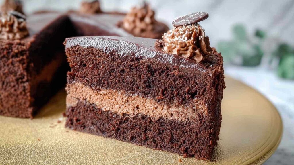 Einfache Schokotorte mit glänzender Schokoladenglasur auf Tortenplatte