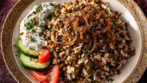 Mujadara arabischer Reis mit Linsen in rustikaler Schüssel mit karamellisierten Zwiebeln