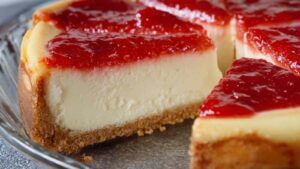 Erdbeer Cheesecake mit marmorierter Erdbeerfüllung auf weißer Kuchenplatte serviert