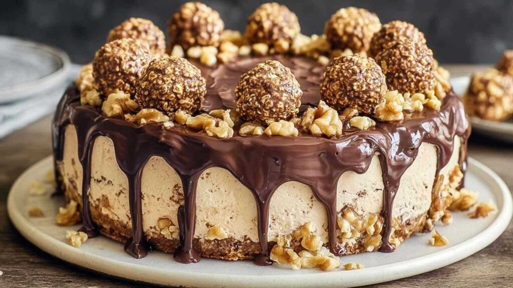 Ferrero Rocher Torte ohne Backen auf weißem Kuchenteller mit goldenen Pralinen dekoriert