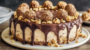 Ferrero Rocher Torte ohne Backen auf weißem Kuchenteller mit goldenen Pralinen dekoriert