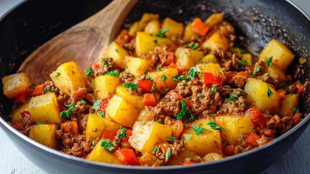 Kartoffel-Hackfleisch-Pfanne mit geschmolzenem Käse in schwarzer Pfanne servierfertig