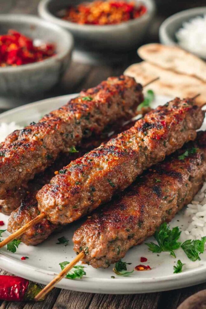 Fertige Türkische Hackfleisch-Spieße serviert mit Fladenbrot und Joghurt-Dip