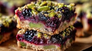 Heidelbeer-Pistazien-Traumriegel auf Abkühlgitter zeigen goldene Oberfläche mit Heidelbeeren und Pistazien