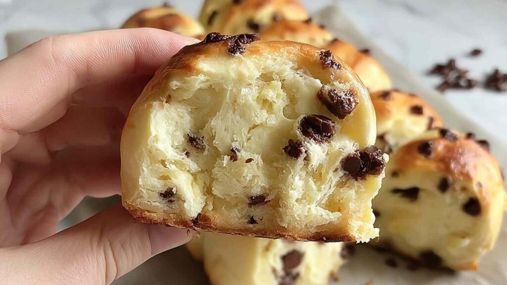 10-Minuten Schoko-Brötchen mit goldbrauner Oberfläche und sichtbaren Schokotropfen frisch aus dem Airfryer