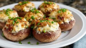 Gefüllte Champignons mit herzhafter Füllung bereit für die Heißluftfritteuse