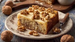 Friss-dich-dumm-Kuchen mit Walnüssen geschnitten zeigt drei Schichten Mürbeteig Pudding und Walnüsse