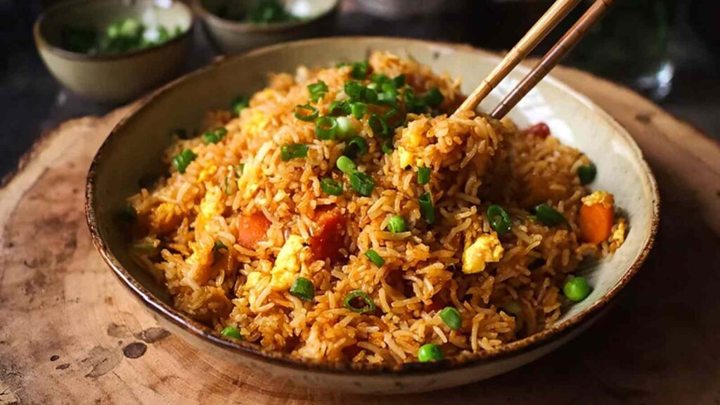 Gebratener Reis mit Gemüse und Ei in einer großen Pfanne mit Holzlöffel beim Kochen