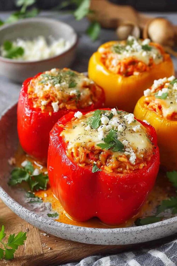 Gefüllte Paprika mit Reis und Feta goldbraun gebacken in Auflaufform