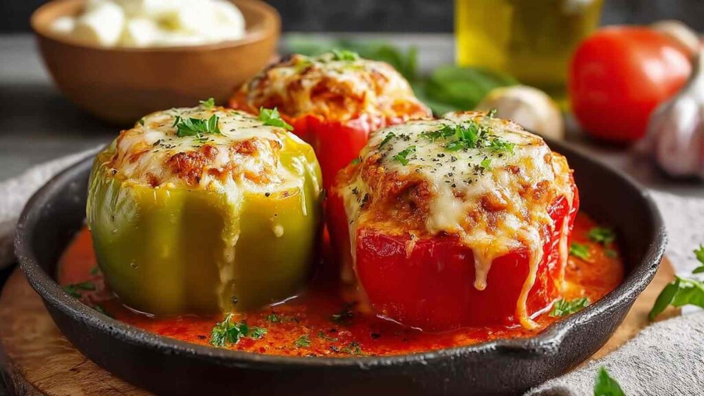 Gefüllte Paprika mit Reis und Feta goldbraun gebacken in Auflaufform
