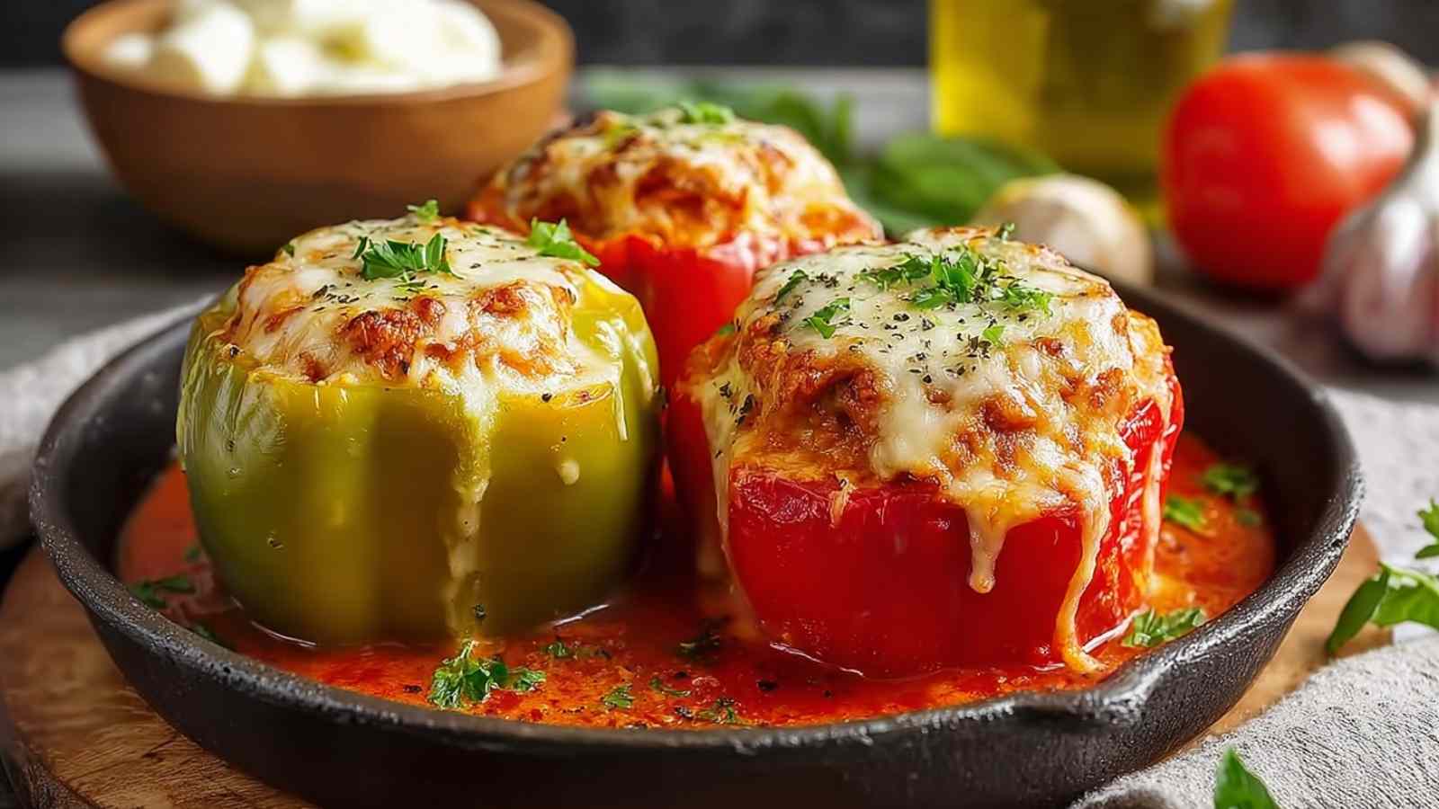 Gefüllte Paprika mit Reis und Feta goldbraun gebacken in Auflaufform