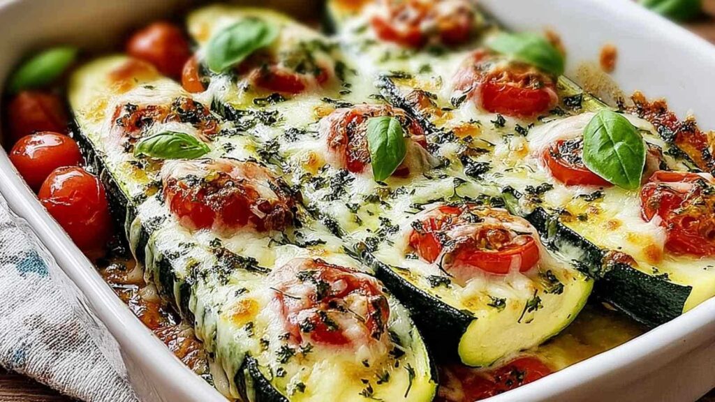 Gefüllte Zucchini mit Tomaten und Mozzarella auf Backblech bereit zum Backen