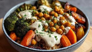 Geröstetes Gemüse Bowl mit Tahini-Dressing in weißer Schüssel mit buntem Gemüse und Kichererbsen