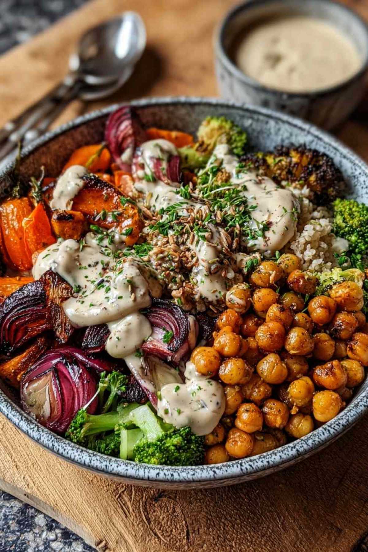 Geröstetes Gemüse Bowl mit Tahini-Dressing in weißer Schüssel mit buntem Gemüse und Kichererbsen