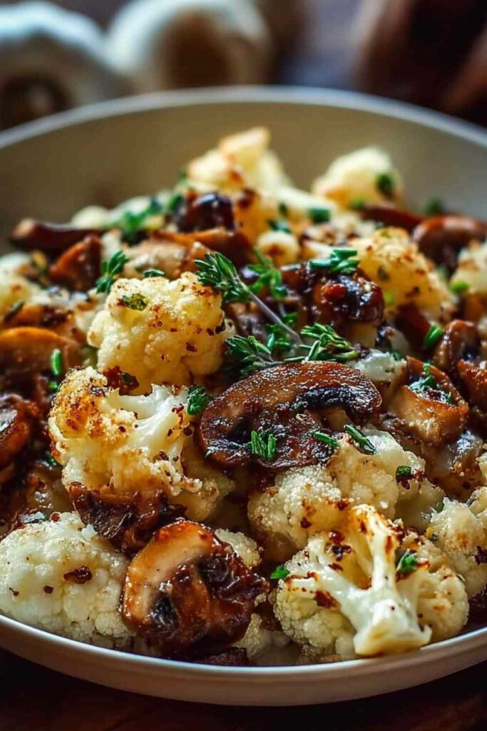 Knoblauch-Blumenkohl-Pilz-Pfanne mit goldbraunem Gemüse und frischen Kräutern in schwarzer Pfanne