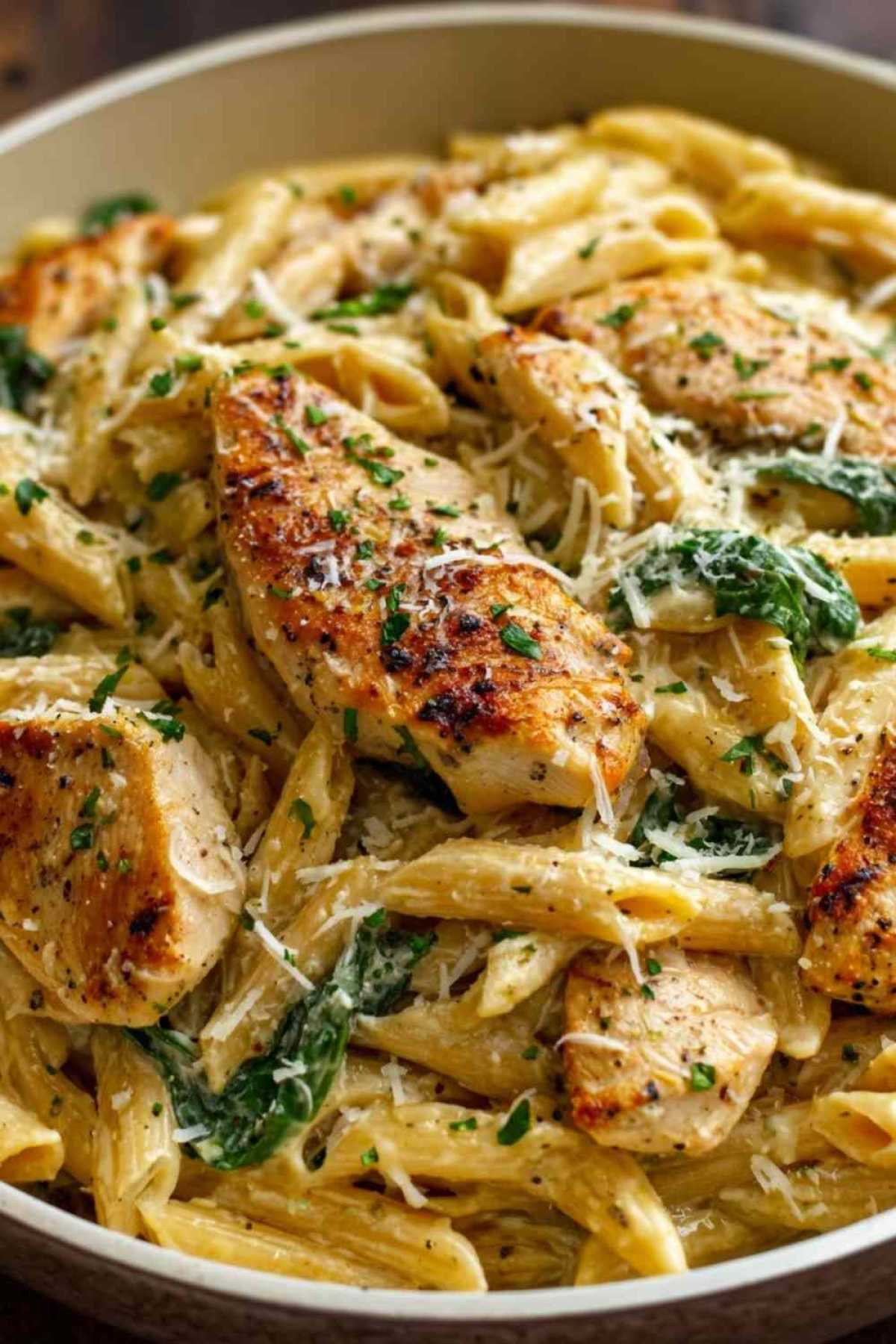 Gesunde Knoblauch-Parmesan-Hähnchen-Pasta mit Vollkornnudeln und cremiger Sauce auf weißem Teller