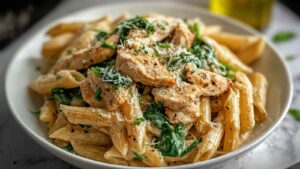 Gesunde Knoblauch-Parmesan-Hähnchen-Pasta mit Vollkornnudeln und cremiger Sauce auf weißem Teller