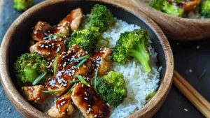Gesundes Chicken Teriyaki mit Brokkoli wird in einer Pfanne gebraten