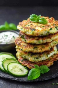 Goldbraune Zucchini-Puffer brutzeln in einer Pfanne und zeigen ihre knusprige Oberfläche