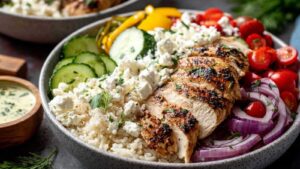 Griechische Hähnchen Bowl mit mariniertem Hähnchen, Quinoa und frischem Gemüse angerichtet
