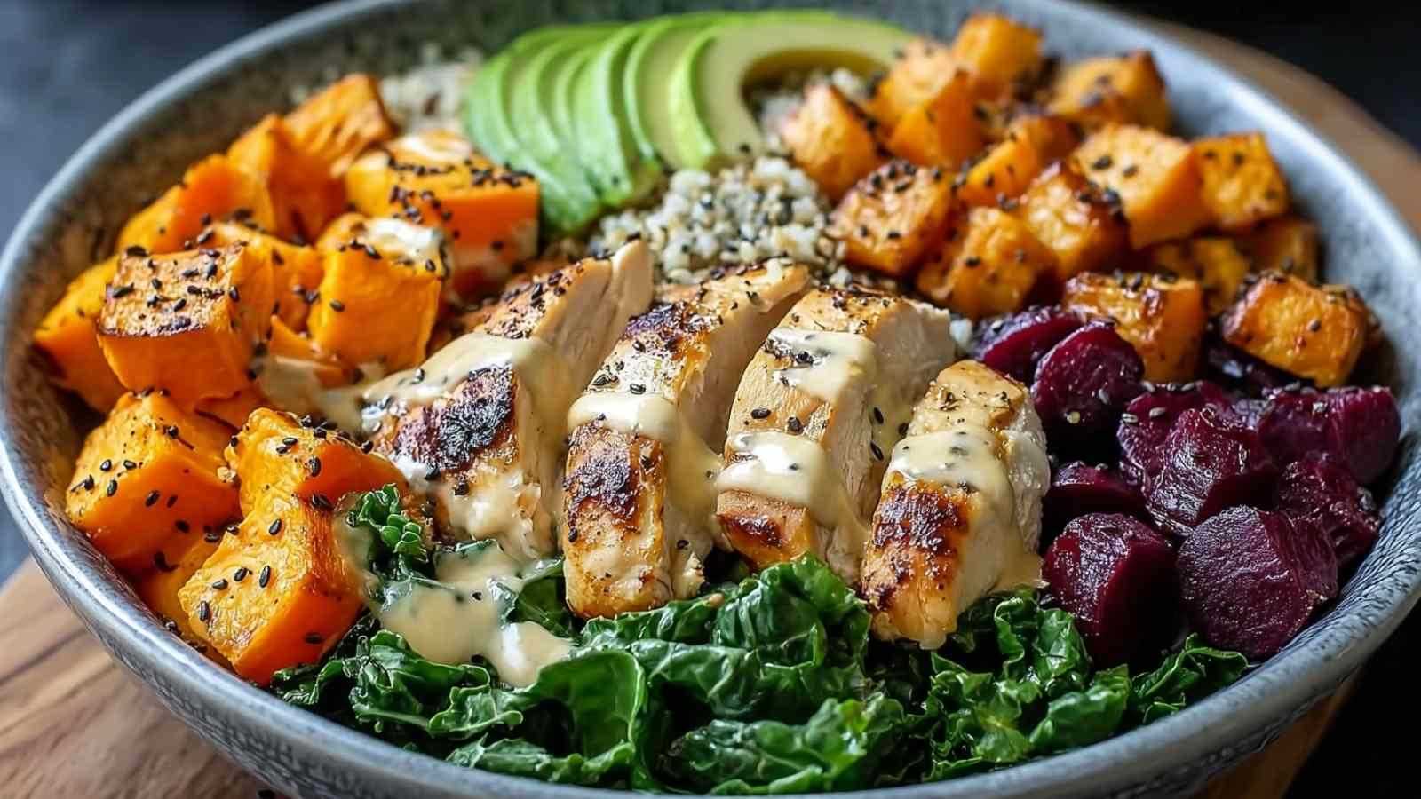 Hähnchen Sweet Potato Buddha Bowl mit geröstetem Gemüse und Quinoa auf weißem Teller serviert