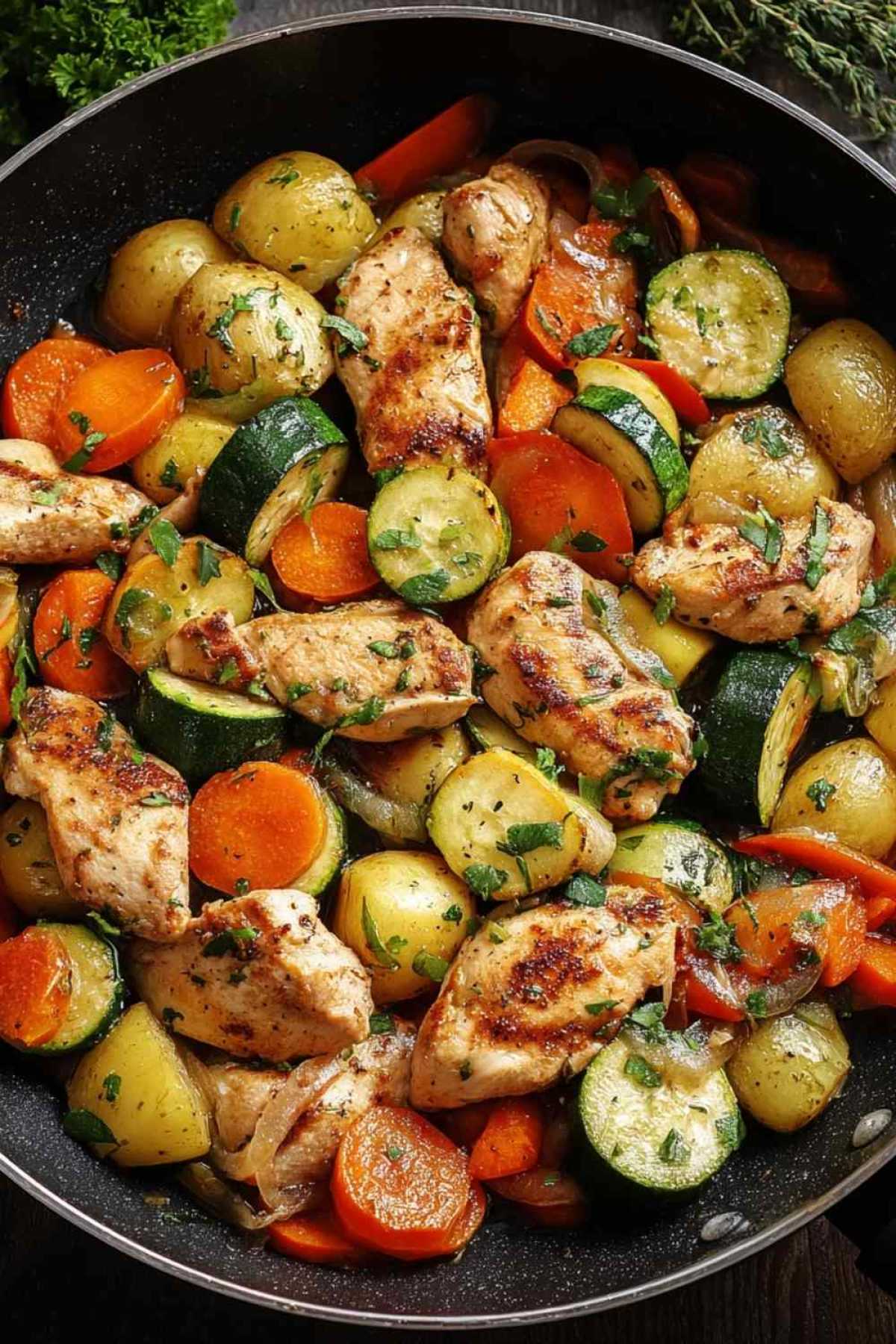 Hähnchenpfanne mit Gemüse Low Carb zeigt buntes Gemüse und zartes Hähnchenfleisch in schwarzer Pfanne