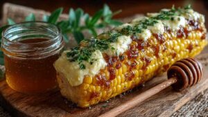 Honigbutter gebackene Maisrippen goldbraun karamellisiert auf Backblech mit Petersilie garniert