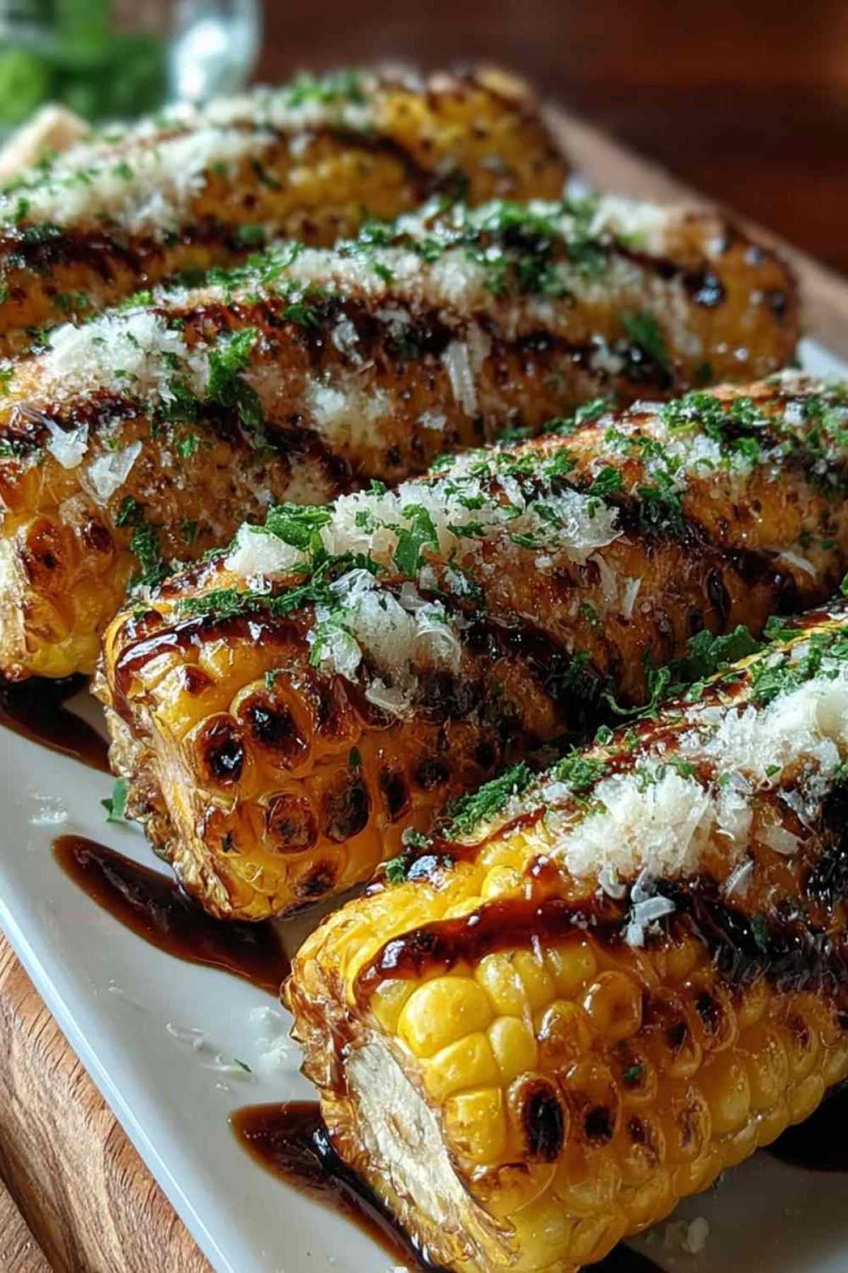 Honigbutter gebackene Maisrippen goldbraun karamellisiert auf Backblech mit Petersilie garniert