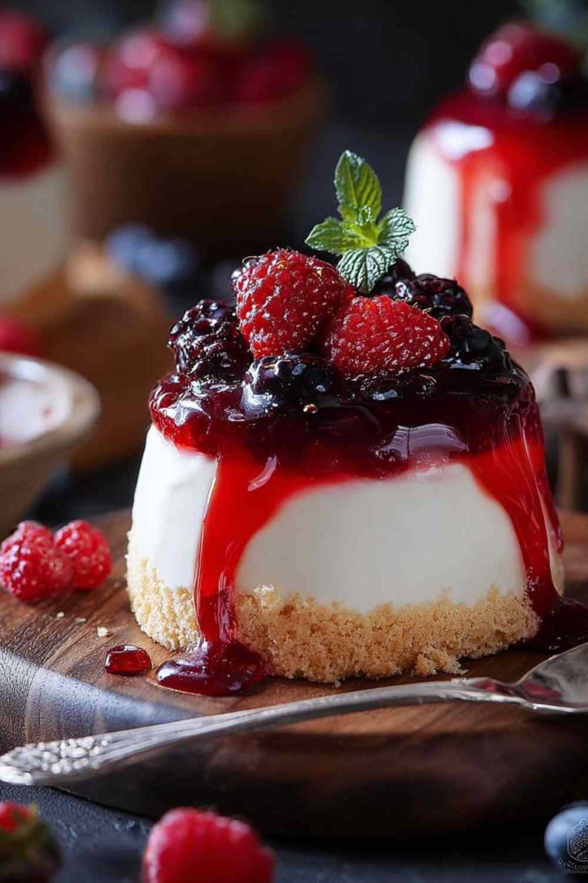 Joghurtbombe mit Beerensauce auf weißem Teller mit frischen Beeren garniert