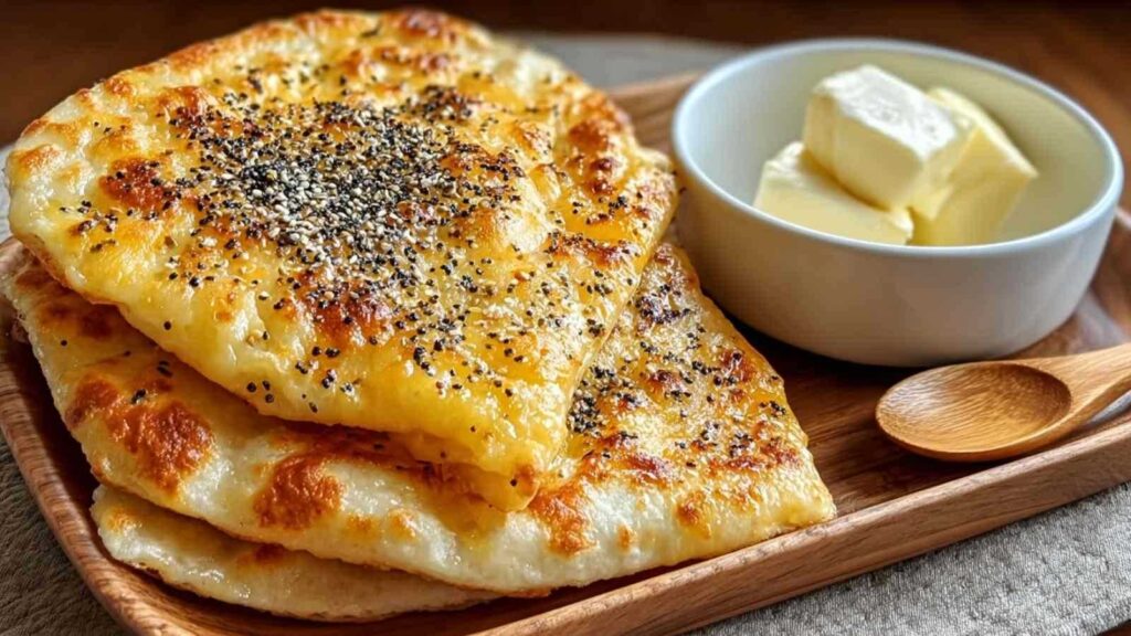 Keto Hüttenkäse-Fladenbrot goldbraun gebacken auf Backpapier mit Everything Bagel Gewürzmischung