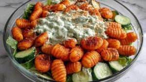 Knuspriger Gnocchi-Salat mit goldbraunen Gnocchi auf frischem Eisbergsalat mit Joghurt-Dressing