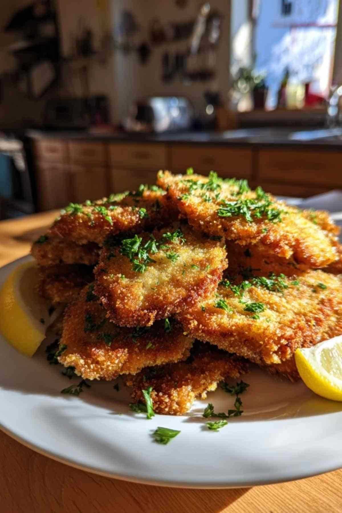 Goldbraune knusprige Kohlrabi Schnitzel auf weißem Teller
