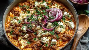 Kritharaki-Hackfleischpfanne mit Feta servierfertig in schwarzer Pfanne mit zerbrösteltem Feta