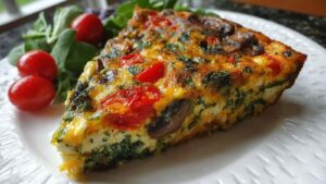 Krusten-lose Gemüse Quiche Low-Carb frisch aus dem Ofen mit goldenem Käse und buntem Gemüse