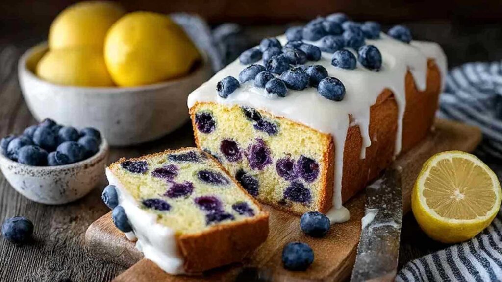 Leichter Joghurtkuchen mit Blaubeeren und Zitrone auf weißem Kuchenständer mit