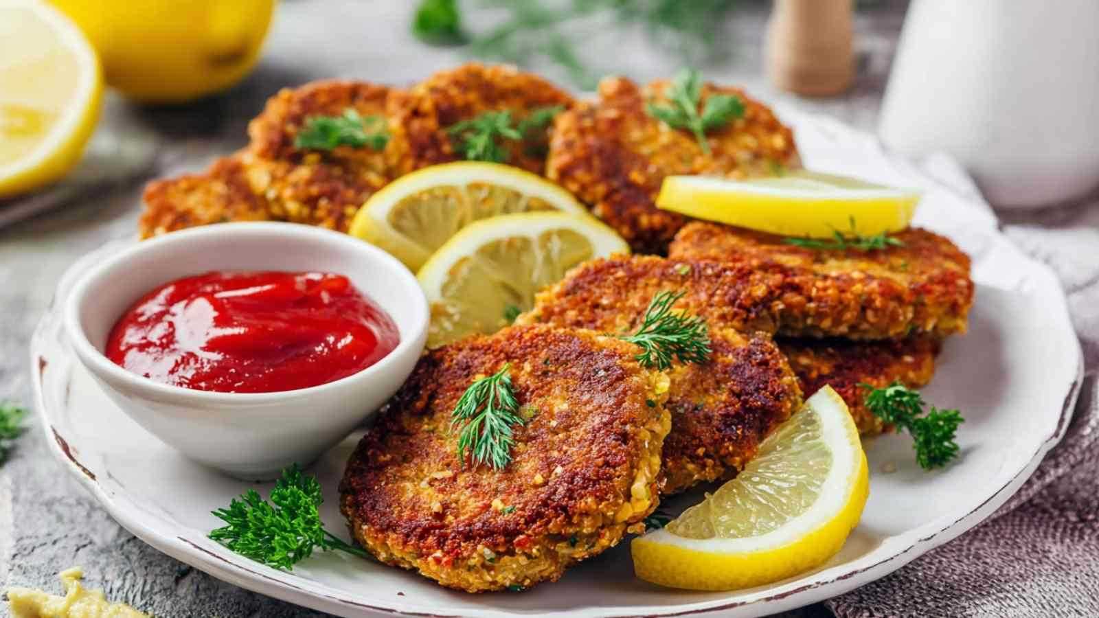 Vegane Linsenschnitzel aus roten Linsen goldbraun gebraten mit Petersilie garniert